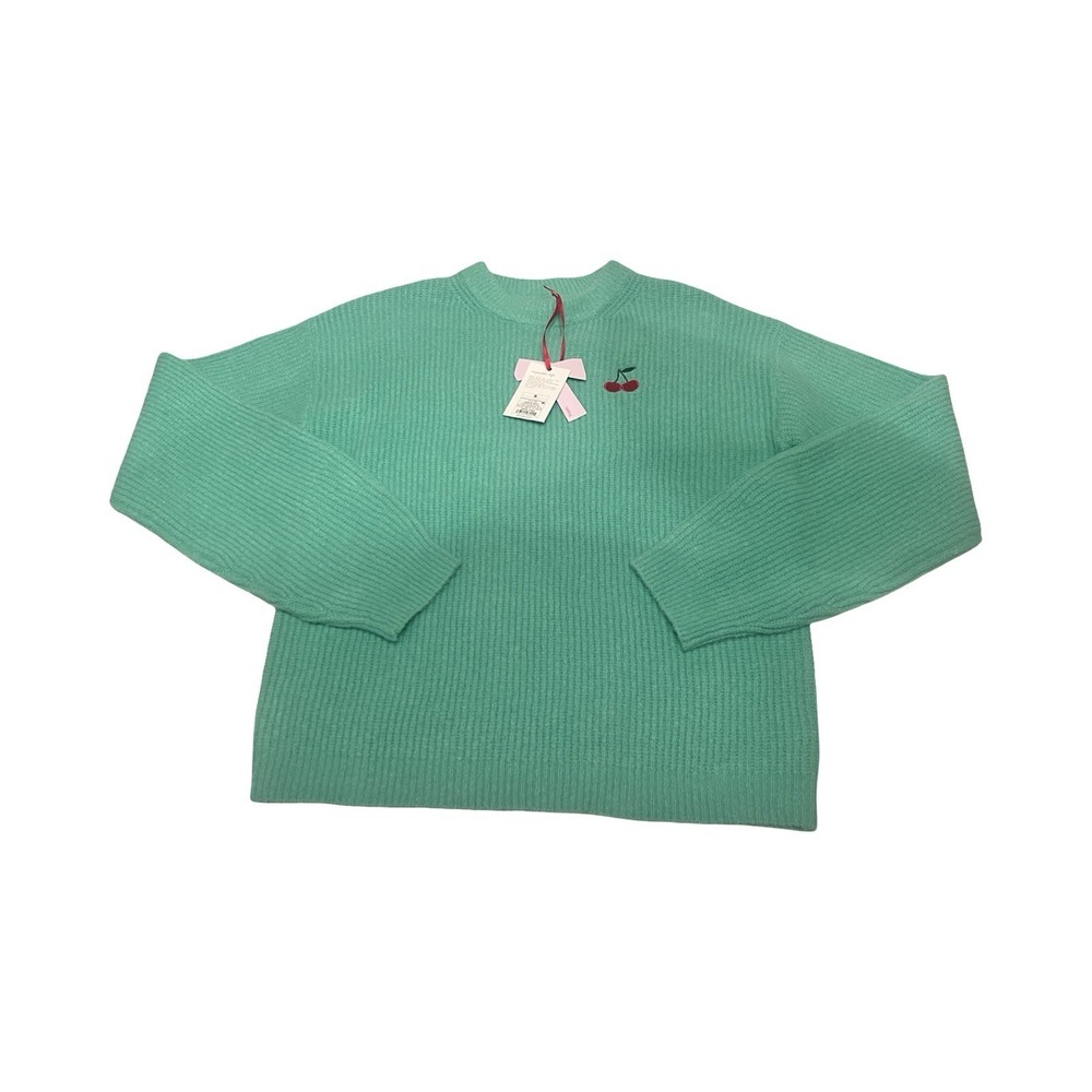 A New Day Womens Mint Green Ribbed Cherry Embroidered Crewneck Sweater Small NEW - Picture 2 of 6